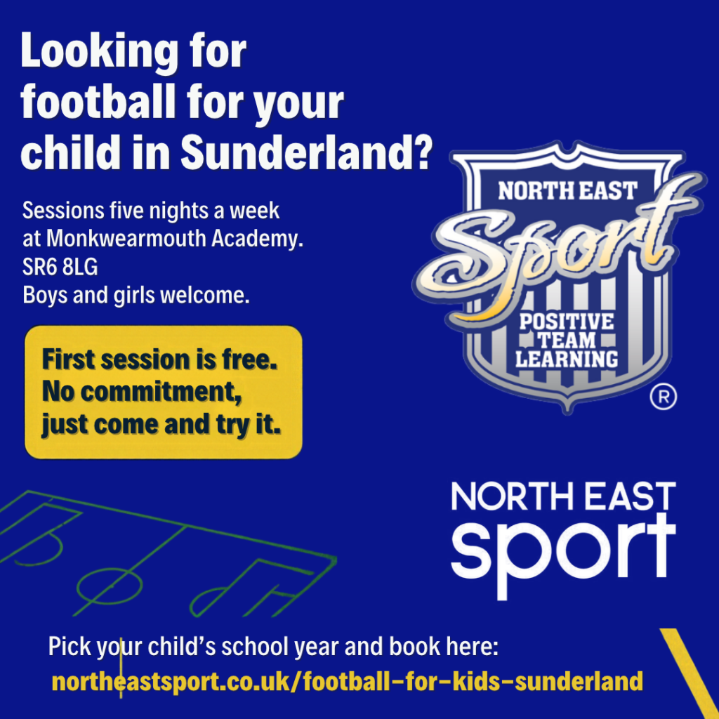 Football for kids in Sunderland flyer: sessions five nights a week at Monkwearmouth Academy, boys and girls welcome, first session free